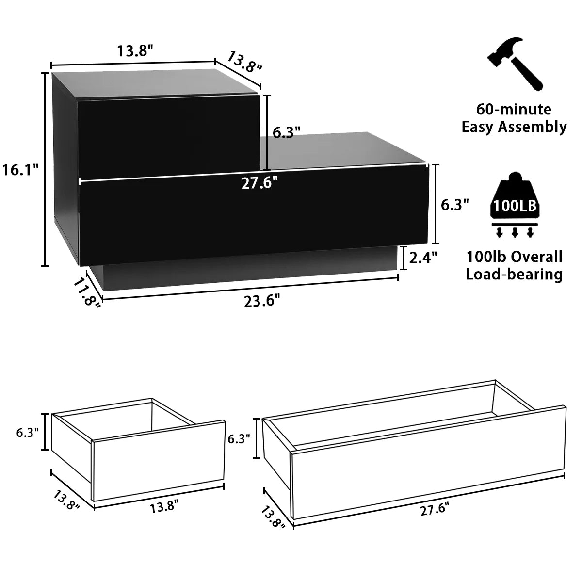 2 Drawers Nightstand with RGB LED Light Modern High Gloss Bedside Table White L Shape Bed Side Table for Bedroom Living Room Furniture 27.6X13.8X16.1 Inch Tall