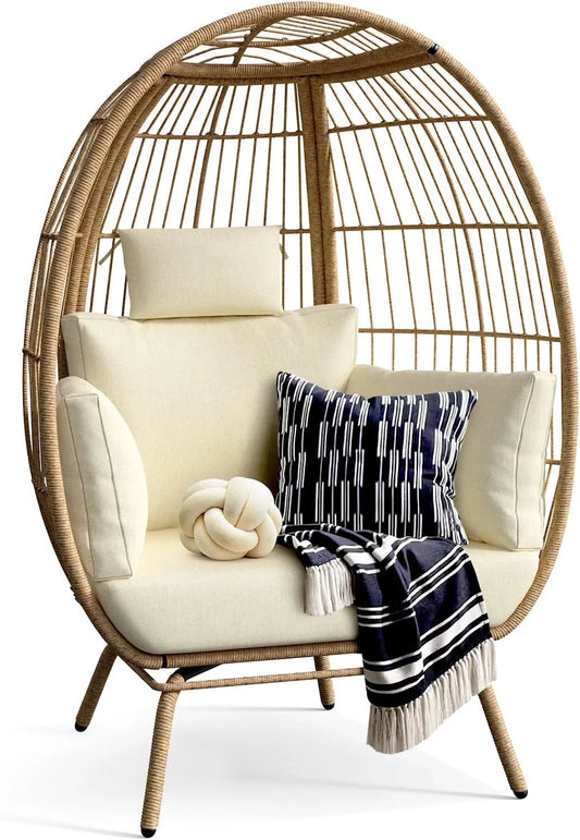 Oversized Wicker Egg Chair Lounger for Indoor/Outdoor,Egg Basket Chair with Cushion,Beige