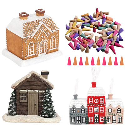 Resin Christmas Village House Winter Log Cabin Incense Burner Rustic Christmas Chimney Hut Incense Cones Room Decor