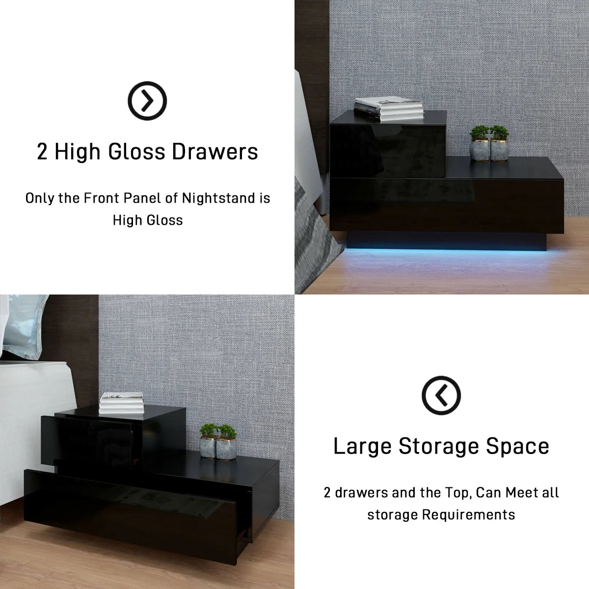 2 Drawers Nightstand with RGB LED Light Modern High Gloss Bedside Table White L Shape Bed Side Table for Bedroom Living Room Furniture 27.6X13.8X16.1 Inch Tall