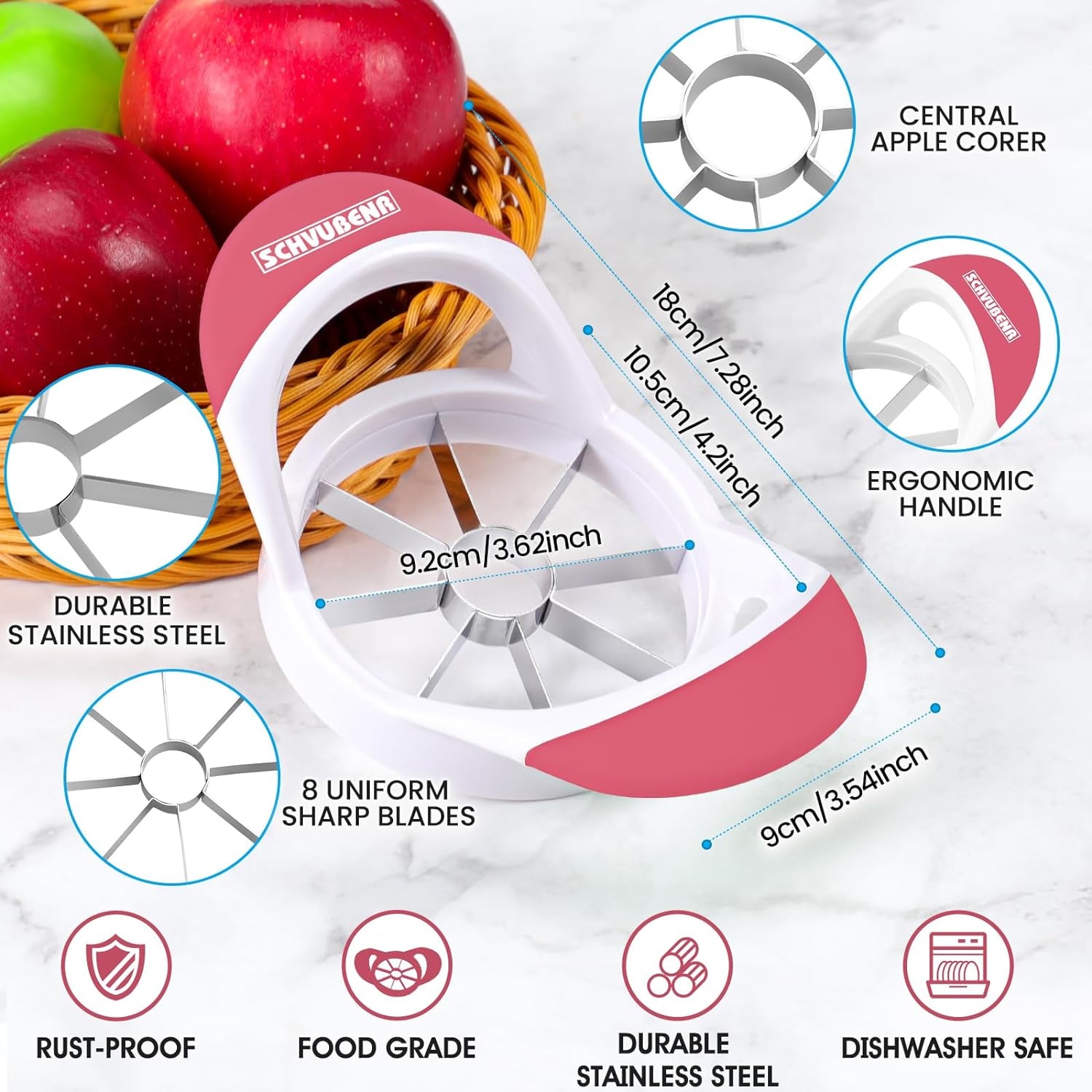 3.5 Inch Apple Slicer - Professional Apple Cutter - Stainless Steel Apple Corer - Super Sharp Apple Slicer and Corer - Apple Corer Tool with 8 Sharp Blades(Pink)